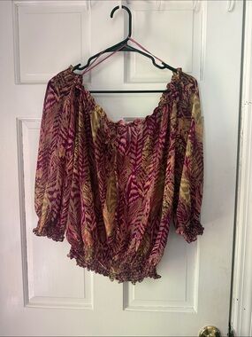 H&M Pink and Gold Printed Off-Shoulder Peasant Top